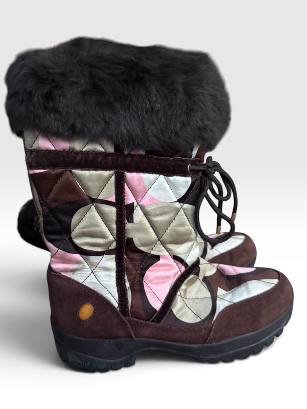 Coach Sasha Brown & Pink Quilted Winter Boots with Faux Fur Cuff